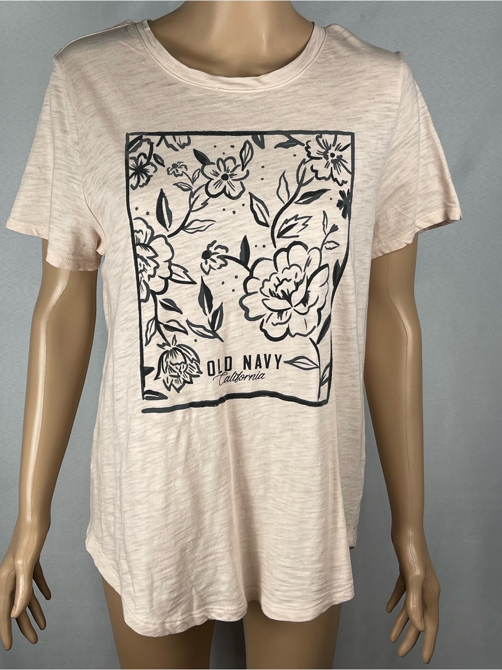 Old Navy Pale Pink Tee with Black Floral Frame Graphic